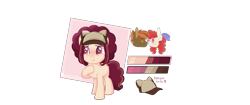 Size: 1229x516 | Tagged: safe, artist:verona-5i, base used, character:button mash, character:twist, oc, oc:marshmallow, parent:button mash, parent:twist, species:earth pony, species:pony, clothing, female, filly, hat, offspring, reference sheet, simple background, transparent background