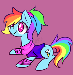 Size: 700x719 | Tagged: safe, artist:flutternutpie, character:rainbow dash, species:pony, 80s, alternate hairstyle, clothing, cute, dashabetes, female, mare, ponytail, prone, purple background, simple background, solo, sweatband