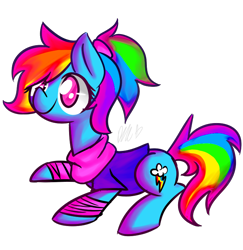 Size: 700x719 | Tagged: safe, alternate version, artist:flutternutpie, character:rainbow dash, species:pony, 80s, alternate hairstyle, clothing, cute, dashabetes, female, mare, no pupils, ponytail, prone, simple background, solo, sweat, transparent background
