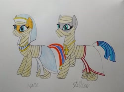 Size: 2893x2151 | Tagged: safe, artist:bsw421, oc, oc:silver herbst, species:earth pony, species:pony, ankh, bandage, clothing, egyptian, egyptian pony, headdress, jewelry, missing limb, mummy, necklace, photo, skirt, traditional art