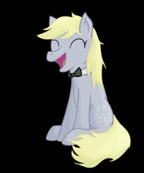 Size: 816x979 | Tagged: safe, artist:theslendid, character:derpy hooves, species:pegasus, species:pony, black background, bow tie, eyes closed, female, mare, simple background, sitting, smiling, solo