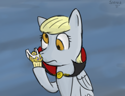 Size: 850x649 | Tagged: safe, artist:theslendid, character:derpy hooves, species:pegasus, species:pony, clothing, collar, costume, fake teeth, fake vampire, female, food, mare, muffin, solo
