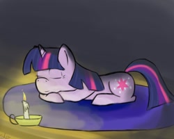 Size: 900x720 | Tagged: safe, artist:theslendid, character:twilight sparkle, character:twilight sparkle (unicorn), species:pony, species:unicorn, candle, cushion, female, mare, sleeping, solo