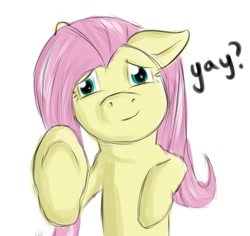 Size: 900x849 | Tagged: safe, artist:theslendid, character:fluttershy, species:pegasus, species:pony, female, looking at you, mare, simple background, solo, underhoof, white background, yay