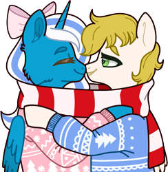 Size: 751x771 | Tagged: safe, artist:angelina-pax, oc, oc only, oc:fleurbelle, oc:golden skies, species:alicorn, species:pegasus, species:pony, alicorn oc, bow, clothing, cute, eyes closed, female, fleurden, green eyes, hair bow, holiday, jumper, mare, pegasus oc, scarf, shared clothing, shared scarf, shipping, simple background, sweater, transparent background, winter