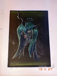 Size: 774x1032 | Tagged: safe, artist:cosmotic1214, character:queen chrysalis, species:pony, colored, deviantart watermark, female, illustration, marker drawing, obtrusive watermark, pencil drawing, solo, traditional art, watermark