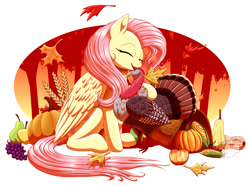 Size: 1230x914 | Tagged: safe, artist:weirdofish, character:fluttershy, species:bird, species:pegasus, species:pony, abstract background, apple, autumn, corn, cornucopia, cute, eyes closed, female, food, gourd, grape, holiday, leaf, leaves, mare, open mouth, pear, pumpkin, shyabetes, simple background, sitting, solo, thanksgiving, tree, turkey, wheat, white background