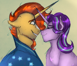 Size: 2447x2094 | Tagged: safe, artist:anxiousshadowpetals, character:starlight glimmer, character:sunburst, species:pony, species:unicorn, ship:starburst, female, grin, horn, horns are touching, looking at each other, male, shipping, smiling, straight