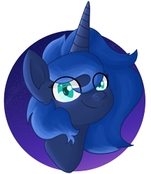 Size: 1390x1607 | Tagged: safe, artist:dark shadow, character:princess luna, species:alicorn, species:pony, ambiguous facial structure, bust, cute, eye clipping through hair, female, horn, looking at you, mare, portrait, smiling, solo