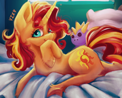 Size: 4293x3451 | Tagged: safe, artist:thewickedvix, character:sunset shimmer, species:pony, species:unicorn, bed, cute, female, looking at you, mare, pillow, plushie, shimmerbetes, solo, spyro the dragon