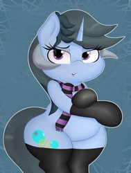 Size: 776x1029 | Tagged: safe, artist:blitzyflair, oc, oc:blitzy flair, species:pony, species:unicorn, clothing, female, mare, open mouth, scarf, simple background, socks, wide hips