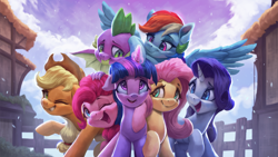 Size: 3200x1800 | Tagged: safe, artist:vanillaghosties, character:applejack, character:fluttershy, character:pinkie pie, character:rainbow dash, character:rarity, character:spike, character:twilight sparkle, character:twilight sparkle (alicorn), species:alicorn, species:dragon, species:earth pony, species:pegasus, species:pony, species:unicorn, end of ponies, female, glowing horn, horn, hug, magic, magic aura, male, mane seven, mane six, mare, one eye closed, smiling, snow, snowfall, winged spike, wink
