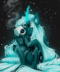 Size: 3355x4008 | Tagged: safe, artist:thewickedvix, character:princess luna, species:alicorn, species:pony, chocolate, cozy, drinking, female, food, glowing horn, horn, hot chocolate, mare, snow, snowfall, solo, unshorn fetlocks