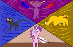 Size: 2460x1584 | Tagged: safe, artist:coltfan97, character:diamond tiara, oc, oc:dazzle, oc:il, oc:peal, species:earth pony, species:pony, 1000 hours in ms paint, cat, colored, flat colors, gemstones, imp, low quality