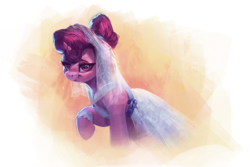 Size: 3000x2000 | Tagged: safe, artist:vanillaghosties, character:sugar belle, species:pony, species:unicorn, episode:the big mac question, g4, my little pony: friendship is magic, abstract background, clothing, cute, dress, female, lidded eyes, looking at you, mare, raised hoof, smiling, solo, sugarbetes, wedding dress