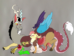Size: 1817x1369 | Tagged: safe, artist:nightshade2004, character:discord, oc, oc:lisianthus, parent:discord, parent:fluttershy, parents:discoshy, carnivorous plant, father and son, hybrid, interspecies offspring, magic, male, offspring