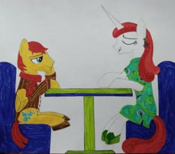 Size: 3220x2835 | Tagged: safe, artist:bsw421, character:flash magnus, oc, oc:aurora wyler, species:pegasus, species:pony, species:unicorn, brother and sister, chair, cheongsam, clothing, female, male, scarf, shoes, siblings, smiling, table, talking, traditional art