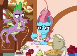 Size: 1043x766 | Tagged: safe, artist:dualtry, character:cup cake, character:spike, species:dragon, species:earth pony, species:pony, episode:the big mac question, g4, my little pony: friendship is magic, apple, batter, bowl, cake, cooking, duo, flour, food, pie, scene interpretation, winged spike