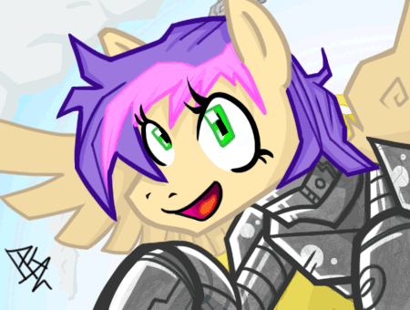 Size: 450x340 | Tagged: safe, artist:pkelton, oc, oc only, oc:sunset sherbet, species:pegasus, species:pony, fallout equestria, animated, armor, colgatefim, enclave armor, female, gif, grand pegasus enclave, hooves, mare, open mouth, power armor, solo, wings