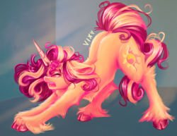 Size: 4008x3087 | Tagged: safe, artist:thewickedvix, character:sunset shimmer, species:pony, species:unicorn, behaving like a cat, colored hooves, female, floppy ears, fluffy, mare, solo, stretching, unshorn fetlocks, yawn