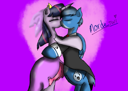 Size: 1037x744 | Tagged: safe, artist:voidless-rogue, character:twilight sparkle, ship:mordetwi, kissing, mordecai, ponified, shipping