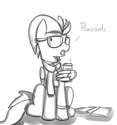 Size: 1600x1700 | Tagged: safe, artist:kippzu, character:lightning dust, species:pegasus, species:pony, book, clothing, coffee, doodle, drawthread, eyeroll, female, glasses, hipster, scarf, sketch, solo, unfinished art, wing hold