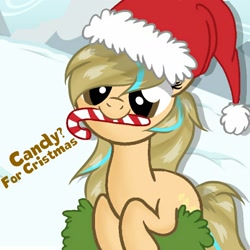 Size: 1280x1280 | Tagged: safe, artist:grithcourage, oc, oc:grith courage, species:earth pony, species:pony, backround, candy, cristmas, cute, food, simple shading, solo, text, to saddlebags and back again