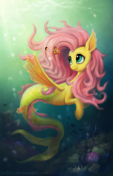 Size: 2000x3112 | Tagged: safe, artist:br0ny, character:fluttershy, species:seapony (g4), g4, clownfish, female, fish, high res, merpony, race swap, seaponified, seapony fluttershy, solo, species swap, three quarter view, underwater, watershy