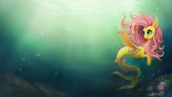 Size: 1920x1080 | Tagged: safe, artist:br0ny, character:fluttershy, species:seapony (g4), g4, clownfish, female, hippocampus, merpony, seaponified, seapony fluttershy, solo, species swap, three quarter view, underwater, wallpaper, watershy