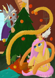 Size: 2480x3508 | Tagged: safe, artist:ardilya, character:discord, character:fluttershy, species:draconequus, species:pegasus, species:pony, ship:discoshy, christmas, christmas tree, colourful, digital art, female, happy, holiday, home, male, shipping, straight, tree