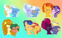 Size: 1138x702 | Tagged: safe, artist:purplepotato04, character:adagio dazzle, character:flash sentry, character:pokey pierce, character:prince blueblood, character:star tracker, character:starlight glimmer, character:sugarcoat, character:sunburst, character:sunset shimmer, character:tempest shadow, character:timber spruce, character:trixie, species:pony, ship:bluetrix, ship:flashimmer, ship:starburst, crack shipping, equestria girls ponified, female, male, pokeycoat, ponified, shipping, straight, tempesttracker, timberdazzle