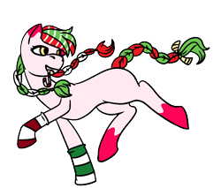 Size: 1000x853 | Tagged: safe, artist:dragonflyfire8, artist:ponebox, oc, oc only, species:earth pony, species:pony, braid, candy, candy cane, clothing, collaboration, earth pony oc, food, grin, looking back, mouth hold, simple background, smiling, socks, socks (coat marking), solo, transparent background