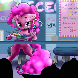 Size: 2000x2000 | Tagged: safe, alternate version, artist:furnut5158, character:pinkie pie, species:earth pony, species:pony, bedroom eyes, bendy straw, both cutie marks, crazy straw, drink, drinking, drinking straw, featureless crotch, female, food, hooves, ice cream, mare, neon, restaurant, sign, sitting, solo, table