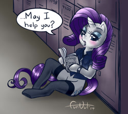 Size: 1110x989 | Tagged: safe, artist:furnut5158, character:rarity, species:pony, species:unicorn, blushing, book, bottomless, clothing, eyelashes, female, fishnets, lockers, makeup, partial nudity, reading, semi-anthro, sitting, solo, speech, watch