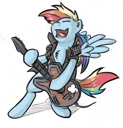 Size: 660x684 | Tagged: safe, artist:dlw, character:rainbow dash, species:pegasus, species:pony, bipedal, clothing, ear piercing, earring, eyes closed, female, guitar, jewelry, mare, metal, musical instrument, open mouth, piercing, simple background, singing, solo, white background