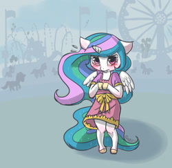 Size: 1500x1455 | Tagged: safe, artist:furnut5158, character:princess celestia, species:alicorn, species:pony, anthro with ponies, blushing, clothing, cute, cutelestia, dress, embarrassed, female, ferris wheel, hooves to the chest, mare, semi-anthro, solo