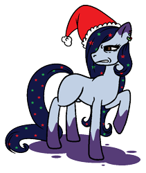 Size: 644x764 | Tagged: safe, artist:dragonflyfire8, artist:ponebox, oc, oc only, species:earth pony, species:pony, christmas, clothing, collaboration, disgusted, ear piercing, earring, earth pony oc, ethereal mane, female, galaxy mane, hair over one eye, hat, holiday, jewelry, mare, piercing, raised hoof, santa hat, simple background, socks (coat marking), solo, transparent background