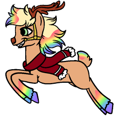 Size: 578x599 | Tagged: safe, artist:dragonflyfire8, artist:ponebox, oc, oc only, species:deer, antlers, clothing, collaboration, female, grin, harness, multicolored hair, original species, rainbow hair, reindeer antlers, scarf, simple background, smiling, solo, tack, transparent background, unshorn fetlocks