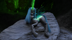 Size: 2666x1500 | Tagged: safe, artist:radiomann01, character:queen chrysalis, species:changeling, 3d, cave, changeling queen, female, magic, prone, solo
