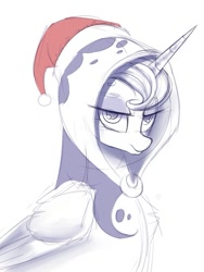 Size: 665x883 | Tagged: safe, artist:some_ponu, character:princess luna, episode:a hearth's warming tail, g4, my little pony: friendship is magic, christmas, clothing, cute, female, hat, holiday, lidded eyes, lunabetes, partial color, solo, spirit of hearth's warming yet to come