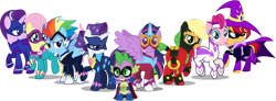 Size: 1082x397 | Tagged: safe, artist:notlikelyanartist, artist:slowlydazzle, artist:truereflections101, edit, character:applejack, character:fili-second, character:fluttershy, character:humdrum, character:masked matter-horn, character:mistress marevelous, character:pinkie pie, character:radiance, character:rainbow dash, character:rarity, character:saddle rager, character:spike, character:starlight glimmer, character:sunset shimmer, character:twilight sparkle, character:twilight sparkle (alicorn), character:zapp, species:alicorn, species:dragon, species:pony, episode:power ponies, g4, my little pony: friendship is magic, female, male, mane seven, mane six, simple background, transparent background, vector, vector edit, villainous vigilante