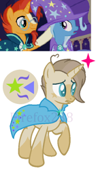 Size: 464x806 | Tagged: safe, artist:firefox238, base used, character:sunburst, character:trixie, oc, oc:cosmo, parent:sunburst, parent:trixie, parents:trixburst, species:pony, species:unicorn, ship:trixburst, cape, clothing, female, male, offspring, shipping, straight, watermark