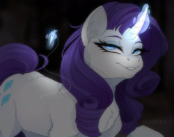 Size: 2754x2170 | Tagged: safe, artist:mrgdog, character:rarity, species:pony, species:unicorn, female, glowing horn, horn, lidded eyes, looking at you, magic, sewing needle, signature, smiling, solo, telekinesis