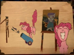 Size: 4032x3024 | Tagged: safe, artist:short tale, character:maud pie, character:pinkie pie, acrylic painting, comic, easel, monalisa, painting, party cannon, pyrography, smiling, splatter, traditional art, woodenbox
