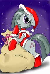 Size: 2575x3793 | Tagged: safe, artist:a.s.e, character:marble pie, species:earth pony, species:pony, christmas, clothing, costume, cute, female, floppy ears, hat, holiday, looking at you, marblebetes, mare, santa costume, santa hat, santa sack, smiling, snow, solo