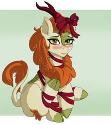 Size: 1428x1600 | Tagged: safe, artist:nathayro37, character:autumn blaze, species:kirin, awwtumn blaze, blushing, bow, christmas, cute, female, holiday, lidded eyes, looking at you, mare, present, quadrupedal, ribbon, simple background, sitting, smiling, solo