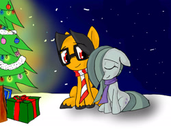 Size: 2048x1536 | Tagged: safe, artist:a.s.e, character:marble pie, oc, oc:a.s.e, canon x oc, christmas, christmas tree, clothing, couple, female, gift wrapped, happy, holiday, male, night, present, scarf, scarves, smiling, snow, tree