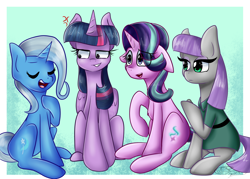 Size: 2800x2000 | Tagged: safe, artist:yoshiyoshi700, character:boulder, character:maud pie, character:starlight glimmer, character:trixie, character:twilight sparkle, character:twilight sparkle (alicorn), species:alicorn, species:earth pony, species:pony, species:unicorn, blue background, cross-popping veins, female, group shot, hoof on chest, mare, signature, sitting, starry eyes, wingding eyes