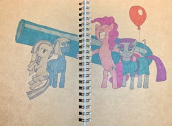 Size: 3656x2690 | Tagged: safe, artist:short tale, character:limestone pie, character:marble pie, character:maud pie, character:pinkie pie, species:earth pony, species:pony, balloon, hand drawing, hug, markers, notebook, party cannon, pie family, traditional art