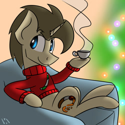 Size: 1920x1920 | Tagged: safe, artist:valthonis, oc, oc:valthonis, species:pony, species:unicorn, anatomically incorrect, christmas, christmas lights, christmas tree, coffee, cup, holiday, sitting, smiling, tree